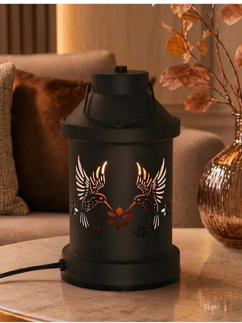Vintage Black Hummingbird Lantern Table Accent Lamp - Decorative Home Accent